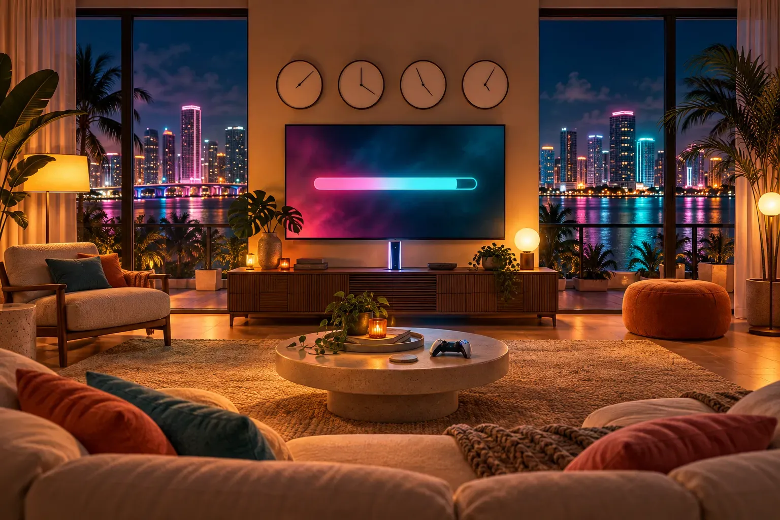 Illustration: a Miami apartment at night, a television showing a download bar almost full beneath four wall clocks set to different times