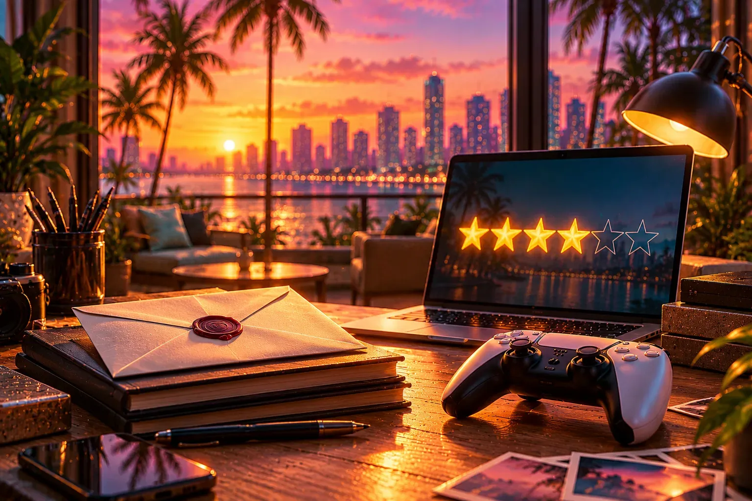 Illustration: a desk with a wax-sealed envelope on notebooks, a controller and a laptop showing four lit stars and one empty, a sunset skyline outside