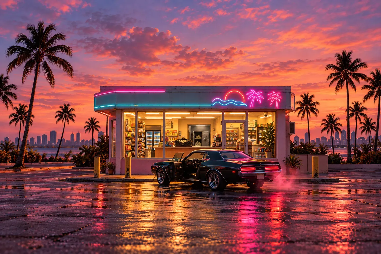 Illustration: a neon-lit corner store at sunset on a wet forecourt, with a black muscle car idling outside, its driver door open