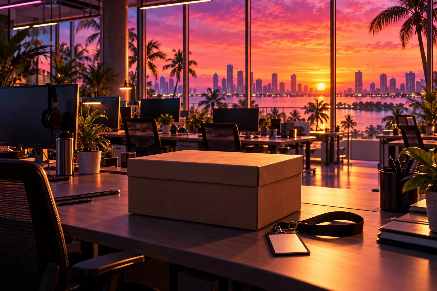 Illustration: an empty open-plan studio at sunset, a closed cardboard box and a blank ID lanyard on the nearest desk, palms and a waterfront skyline beyond the windows