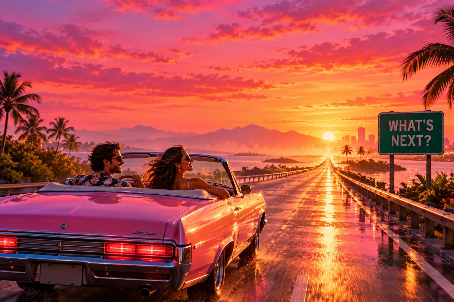 Ilustración: una pareja sonriente en un descapotable rosa antiguo que avanza por una autopista costera mojada hacia un atardecer naranja y magenta, con palmeras, islotes y una ciudad en el horizonte, y a la derecha un cartel verde de carretera con las palabras "WHAT'S NEXT?"