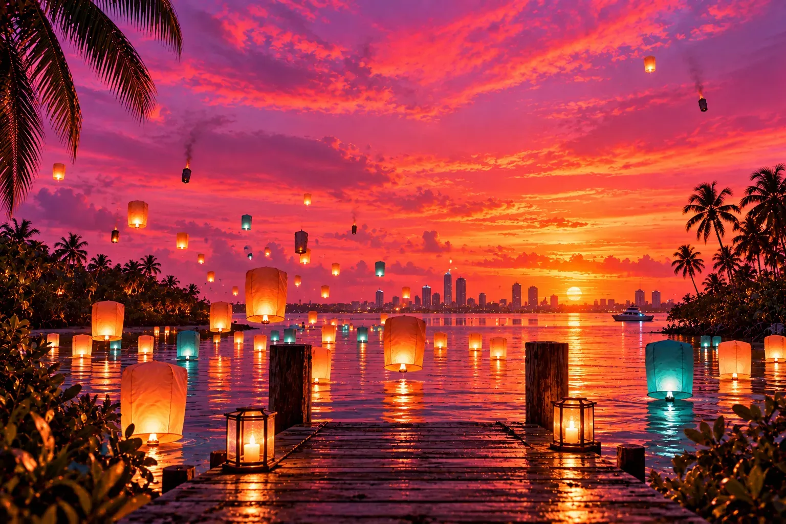 Ilustración: farolillos de papel brillan sobre una bahía al atardecer junto a un muelle de madera con dos faroles; la mayoría flotan dorados y algunos turquesa, otros suben a un cielo magenta y naranja y unos pocos caen apagados dejando humo, con palmeras, manglares y un horizonte de rascacielos al fondo