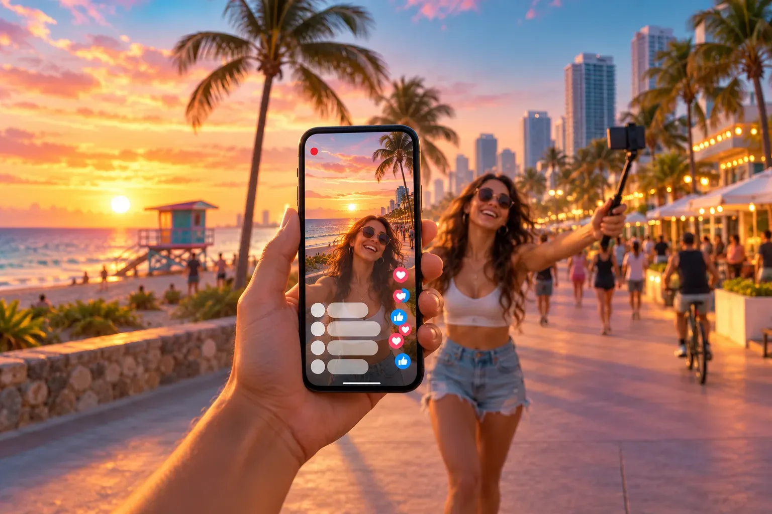 Illustration: a hand holding a phone that shows a livestream of a young woman filming herself with a selfie stick on a Miami boardwalk at sunset