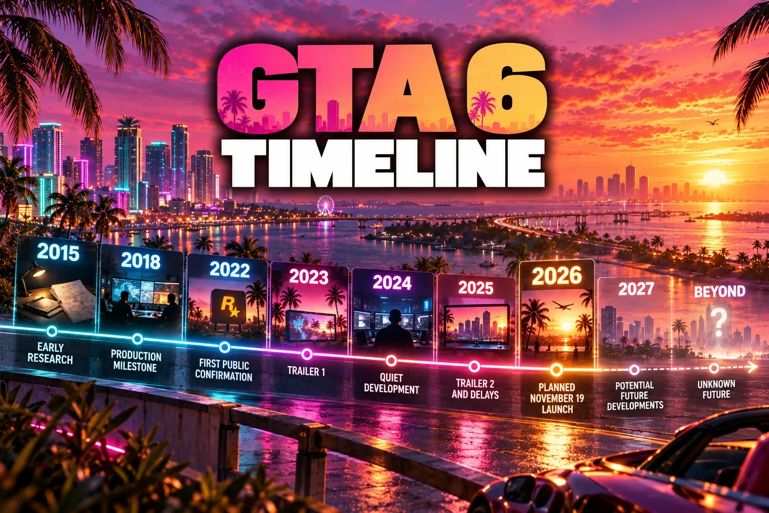 Illustration: a lettered "GTA 6 TIMELINE" over a sunset Vice City bay, with a glowing neon timeline of nine panels from "2015 Early research", "2018 Production milestone" and "2022 First public confirmation" through "2023 Trailer 1", "2024 Quiet development", "2025 Trailer 2 and delays" and "2026 Planned November 19 launch" to faded "2027" and "Beyond" panels