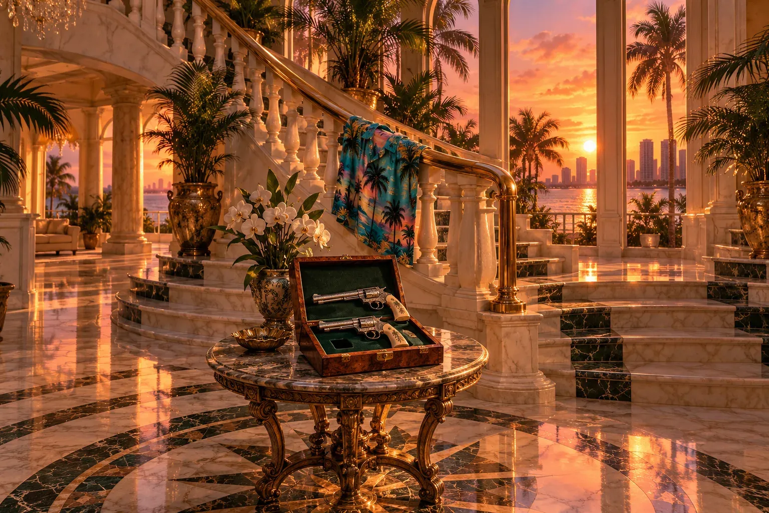 Illustration: a palm-print shirt draped over a mansion staircase, and engraved revolvers in a case on a marble table