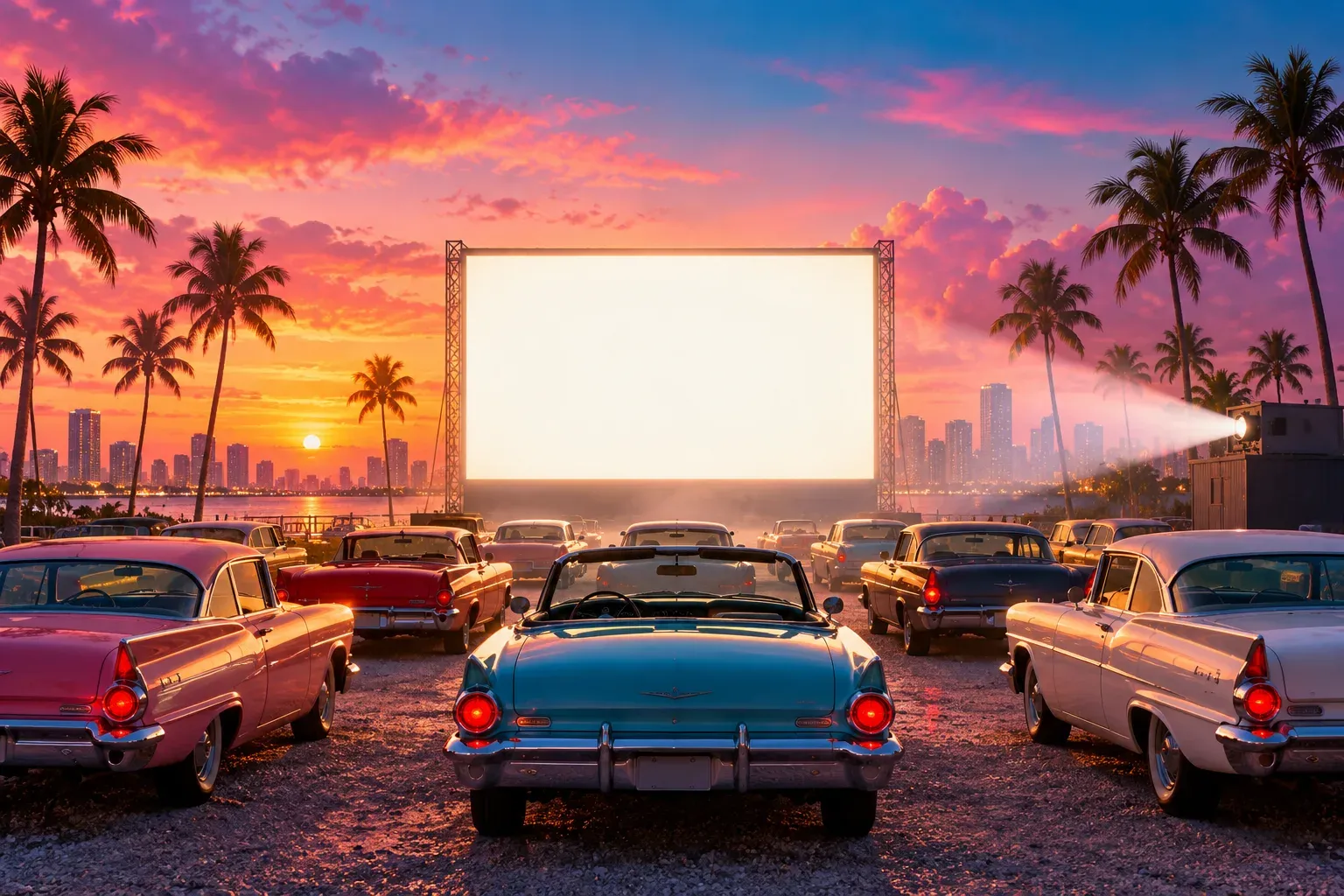 Illustration: classic cars parked at a Miami drive-in cinema at dusk, facing a huge blank glowing screen