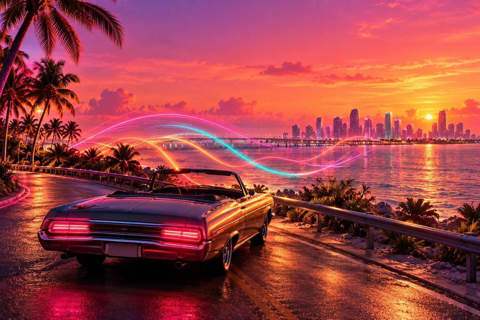Illustration: a convertible parked on a beach road at dusk, ribbons of pink, orange and teal neon light rising from it over the water like sound waves