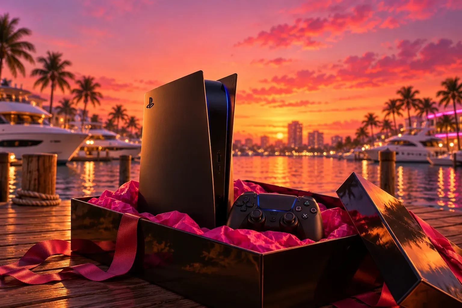 Ilustración: una consola PlayStation 5 negra mate de pie junto a un control negro dentro de una caja de regalo negra abierta, forrada con papel de seda rosa, con una cinta roja sobre un muelle de madera de una marina al atardecer, y yates blancos, palmeras y un horizonte de edificios al fondo
