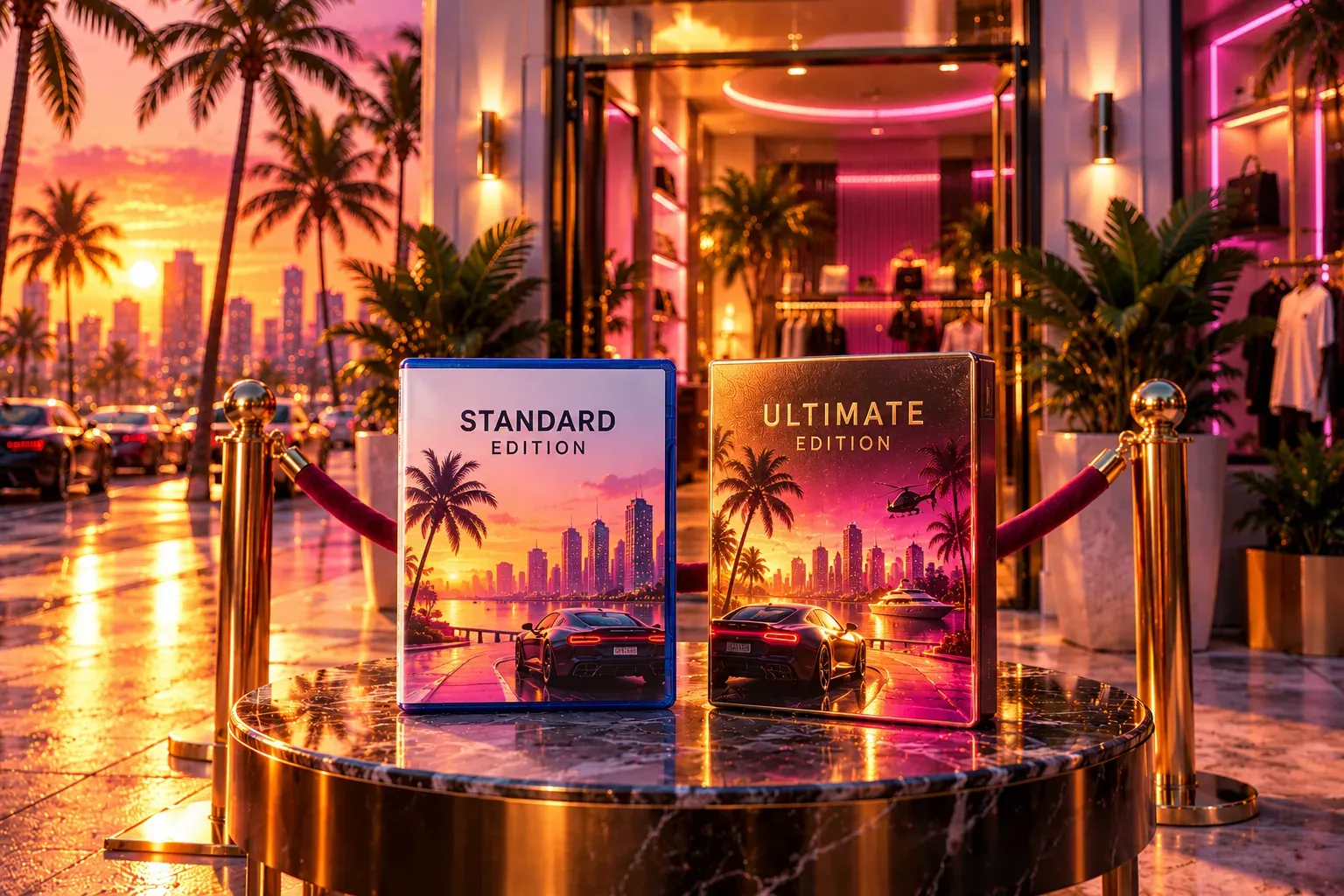 Illustration: two game cases labelled Standard Edition and Ultimate Edition on a marble table between gold posts and a velvet rope, a boutique doorway behind