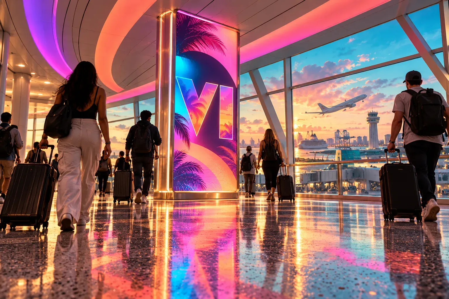 Illustration: an airport concourse at sunset, travellers with suitcases walking past a lit VI advertising pillar, a plane taking off and a cruise ship beyond the window