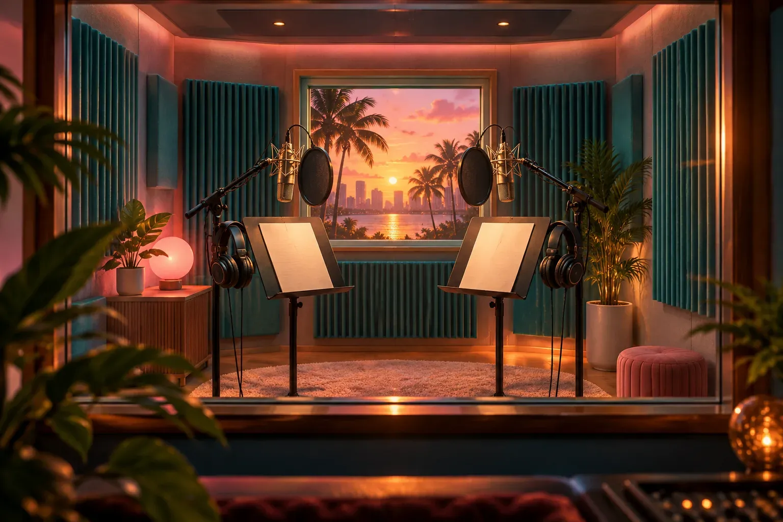 Illustration: an empty recording booth with two microphones, headphones and blank scripts, a Miami sunset through the window