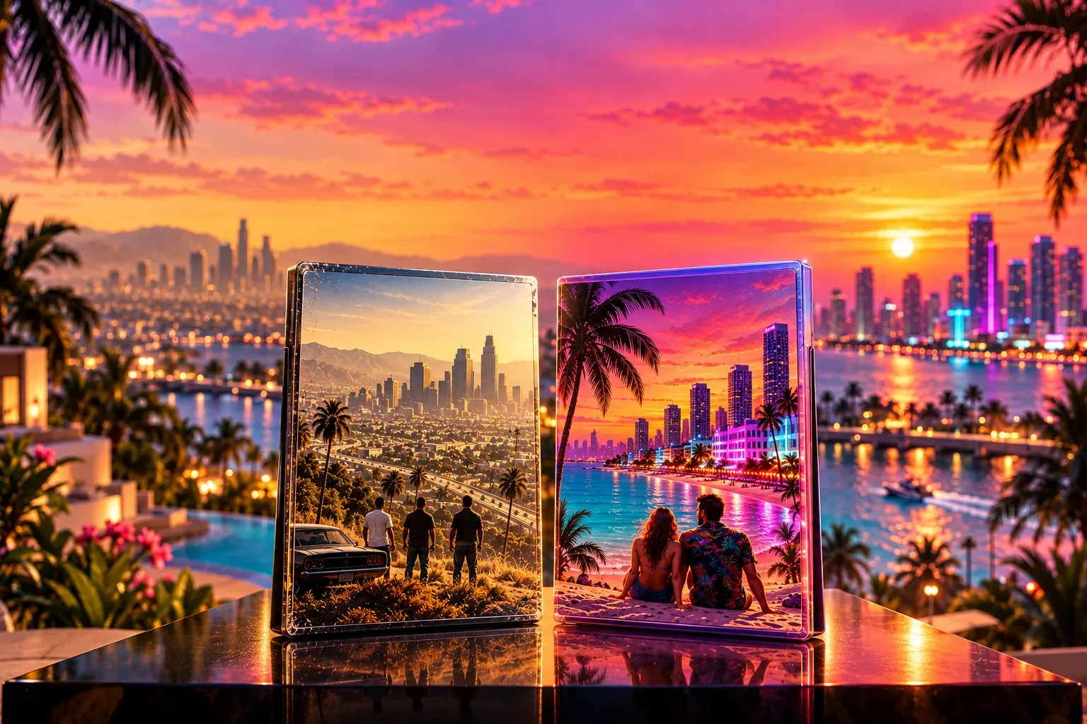 Illustration: two game cases side by side on a glossy plinth by a sunset bay, one showing a hazy hillside city with three small figures, the other a neon beach city with two