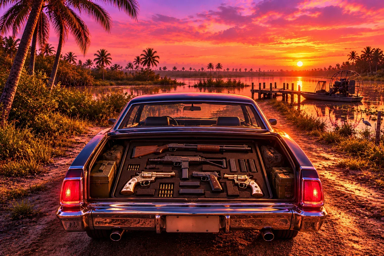 Illustration: the open trunk of a vintage sedan on a swamp track at sunset, a foam-lined case inside holding revolvers, pistols, a submachine gun and a shotgun