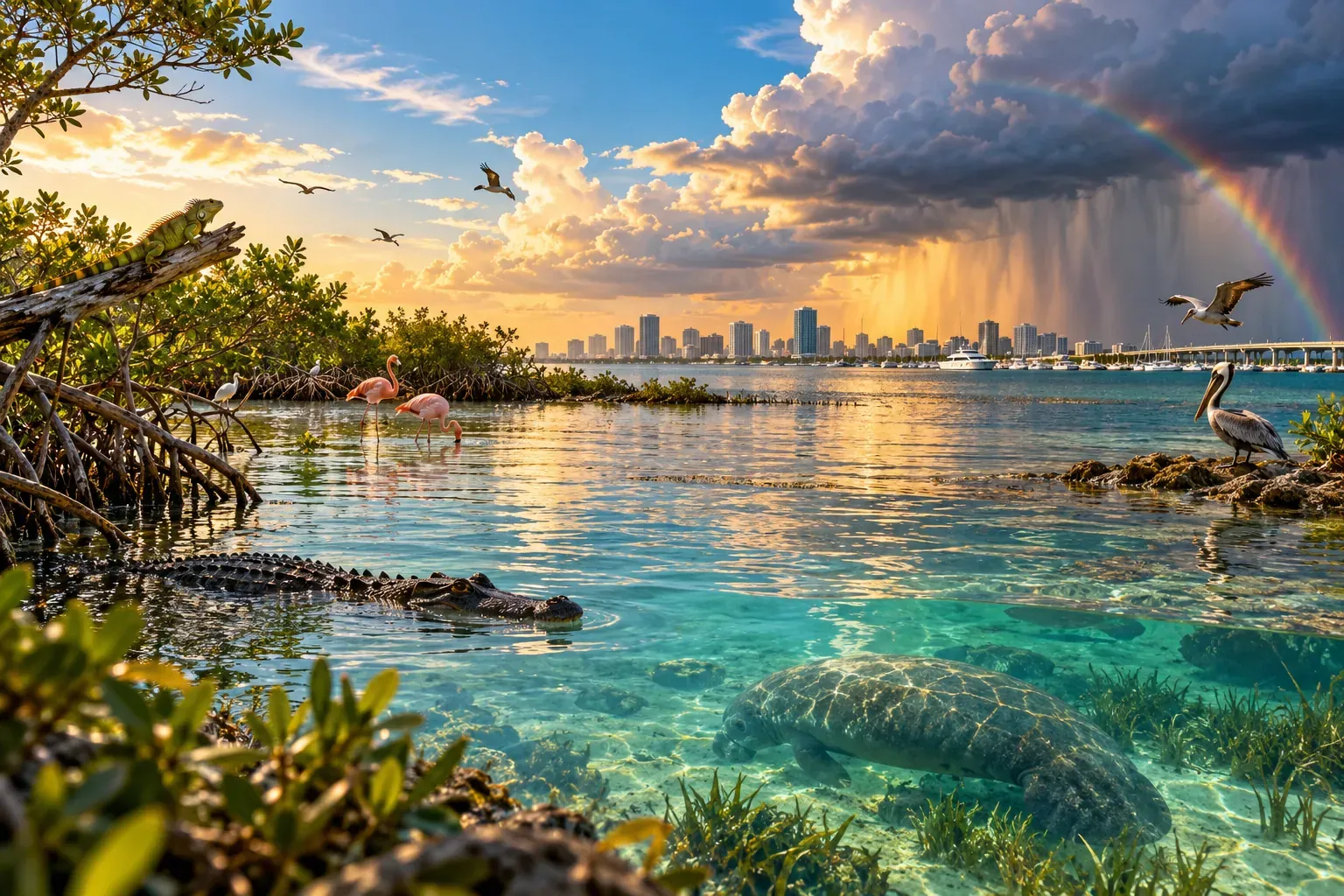 Illustration: a mangrove shore with an alligator, a manatee, flamingos and a pelican, under a rain squall and a rainbow