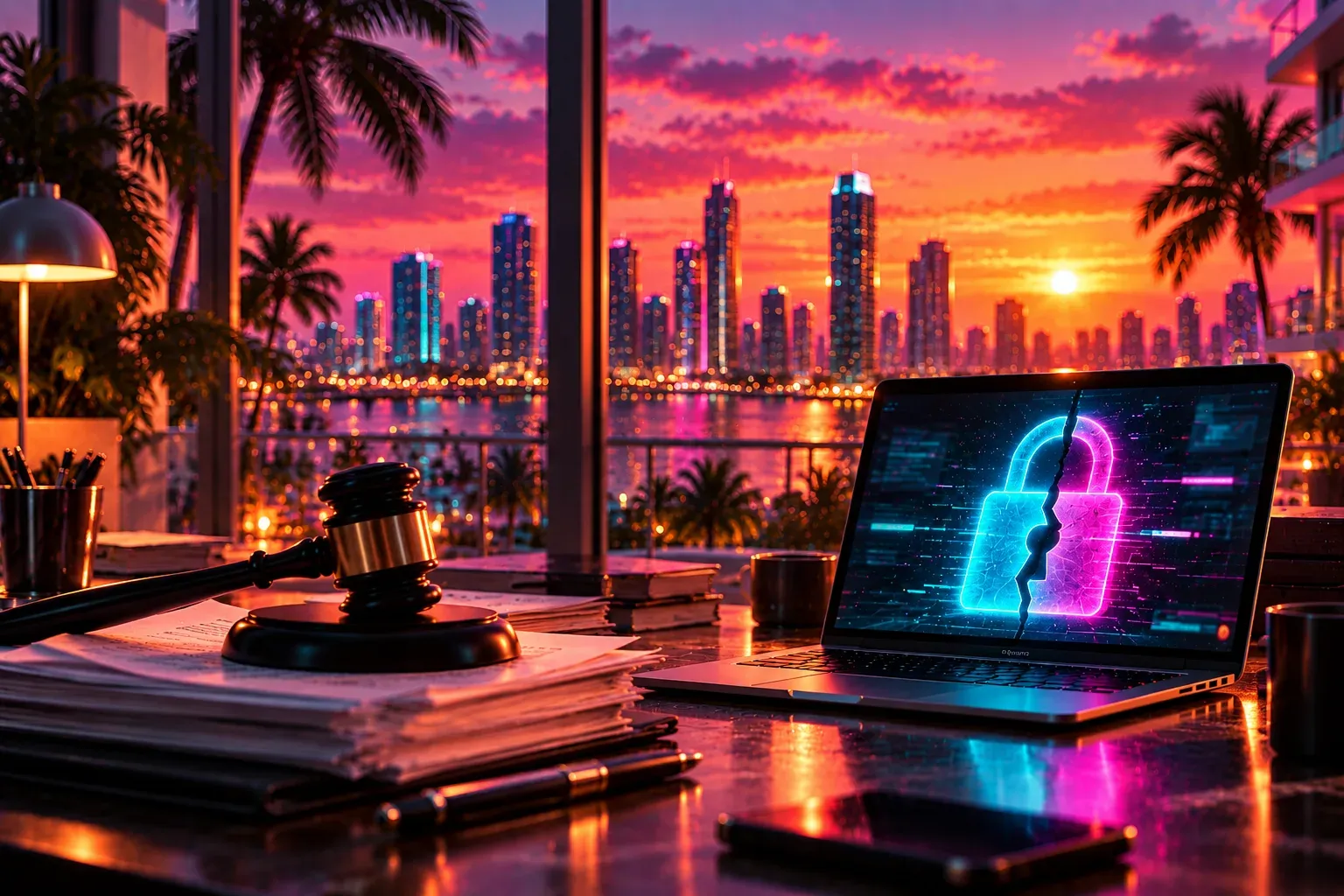 Illustration: a judge's gavel on a stack of papers beside a laptop showing a cracked glowing padlock, a city skyline at dusk through the window