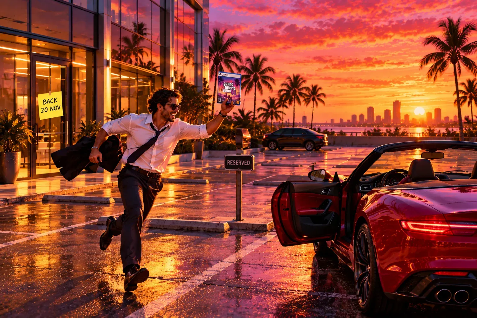 Illustration: a man in a loosened tie and sunglasses sprinting across a wet sunset parking lot toward an open red convertible, holding up a PS5 copy of the game, with a yellow note reading "BACK 20 NOV" on his office's glass door, a "RESERVED" sign behind him, and palms and a skyline across the bay