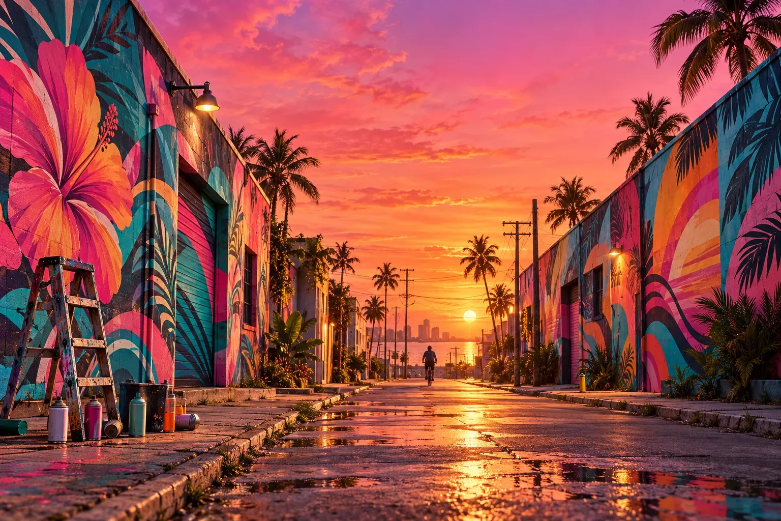 Illustration: a street-art district at sunset, low warehouses covered in huge hibiscus, palm-leaf and wave murals, a paint-spattered stepladder and spray cans by the left wall, and a cyclist riding toward the sun and a distant skyline