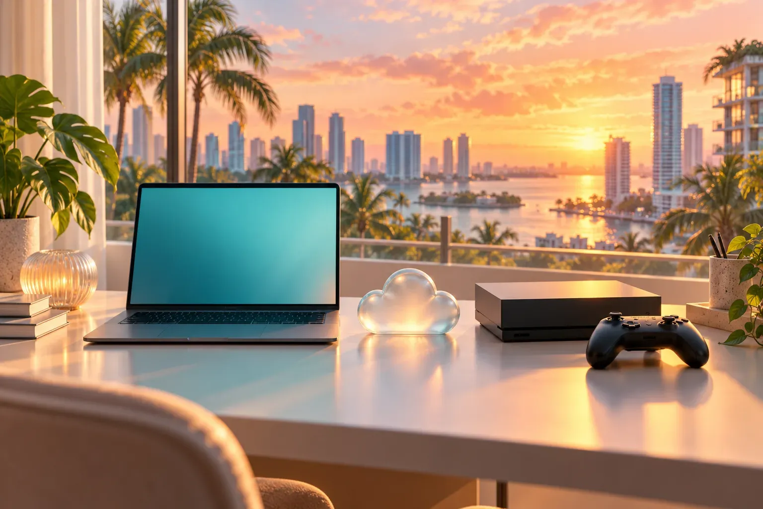 Illustration: a laptop with a blank screen, a glass cloud ornament, a games console and a controller on a desk by a window overlooking a sunset bay with palm trees and towers