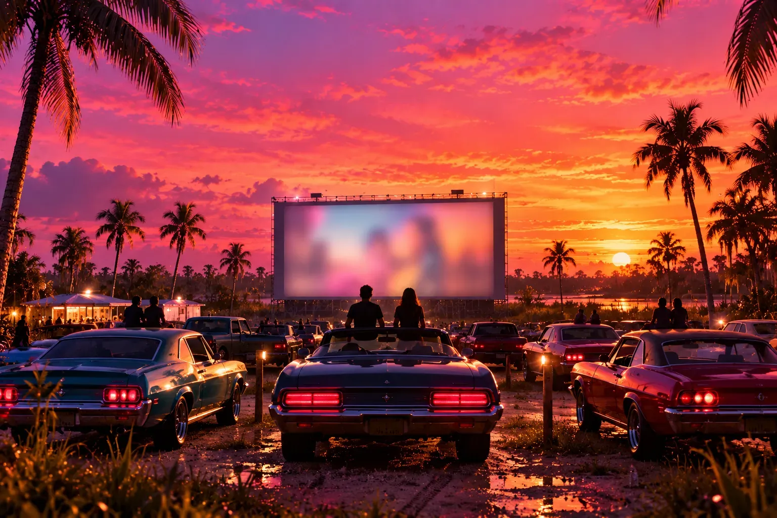 Ilustración: un autocinema a orillas de los Everglades al atardecer, con filas de autos clásicos sin emblemas frente a una pantalla gigante cuya imagen está tan borrosa que no se distingue nada, una pareja en silueta sobre un convertible y palmeras y juncos alrededor del estacionamiento