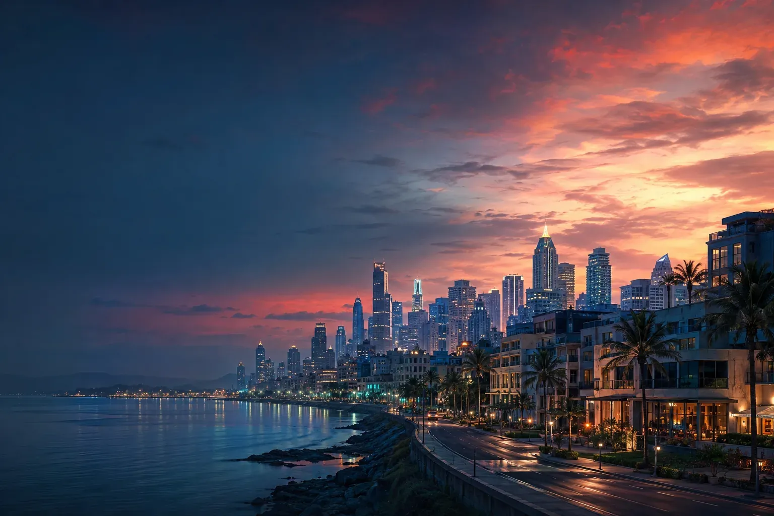 Fictional tropical coastal city at twilight